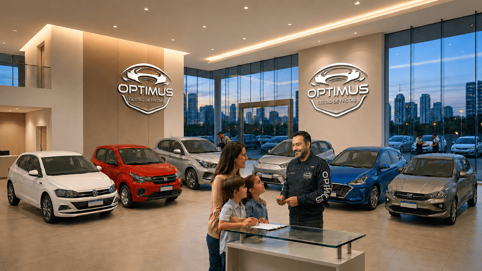 Showroom da locadora Optimus Gestão de Frotas com atendimento e veículos em exposição